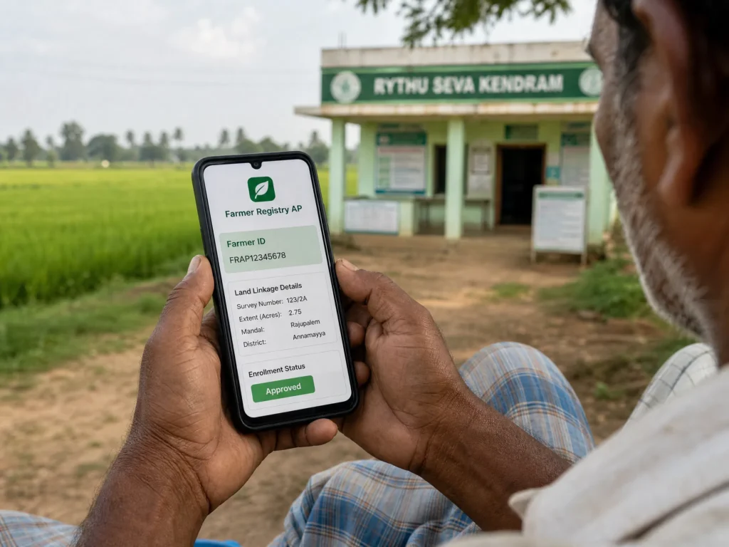 Farmer checking Farmer ID status on the Farmer Registry AP app